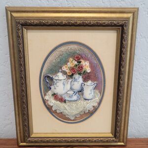 Vintage A Richesco Corp. 3D Resin floral Tea Set Framed Wall Art Cottage Grandma